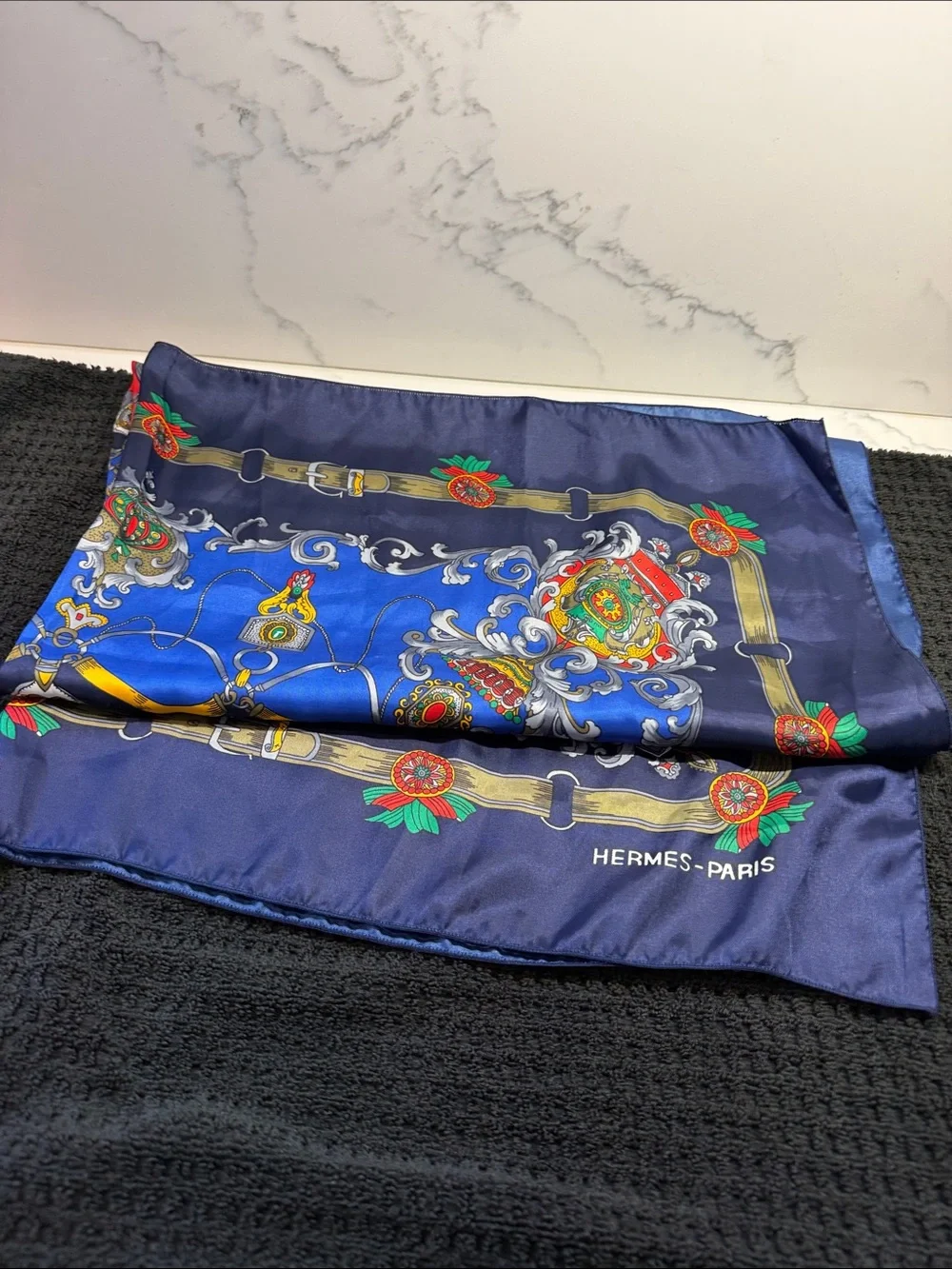 Elegant Blue and Red Patterned Silk-Feel Scarf